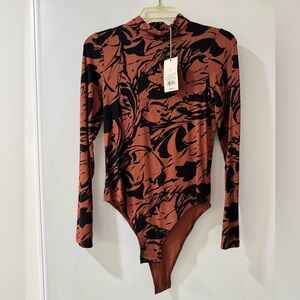 NWT A New Day Black and Orange/Brown Long Sleeve Bodysuit Size S